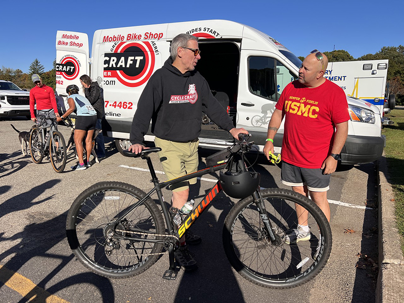Reps from Cycle Craft help a cyclist at the annual Lake Hopatcong Foundation Lake Loop