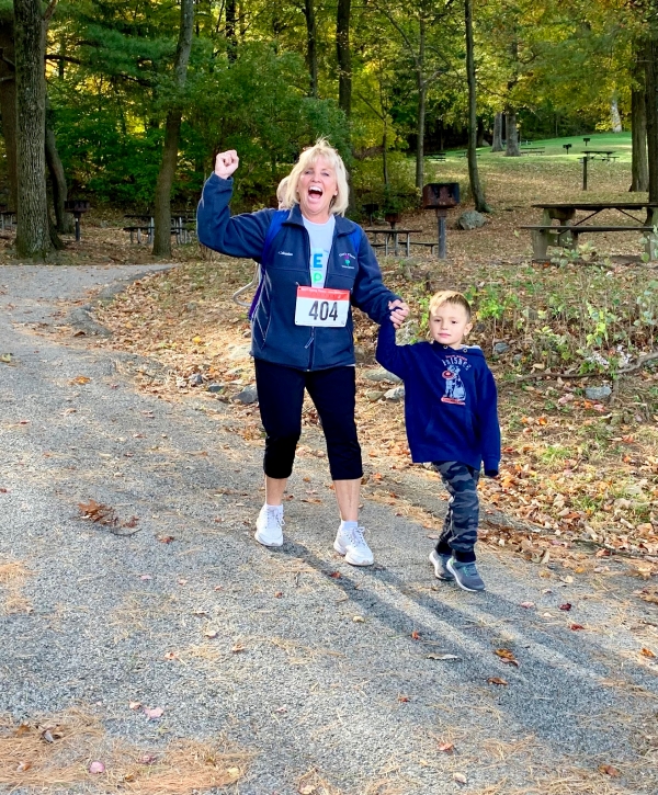 A woman and child hike.